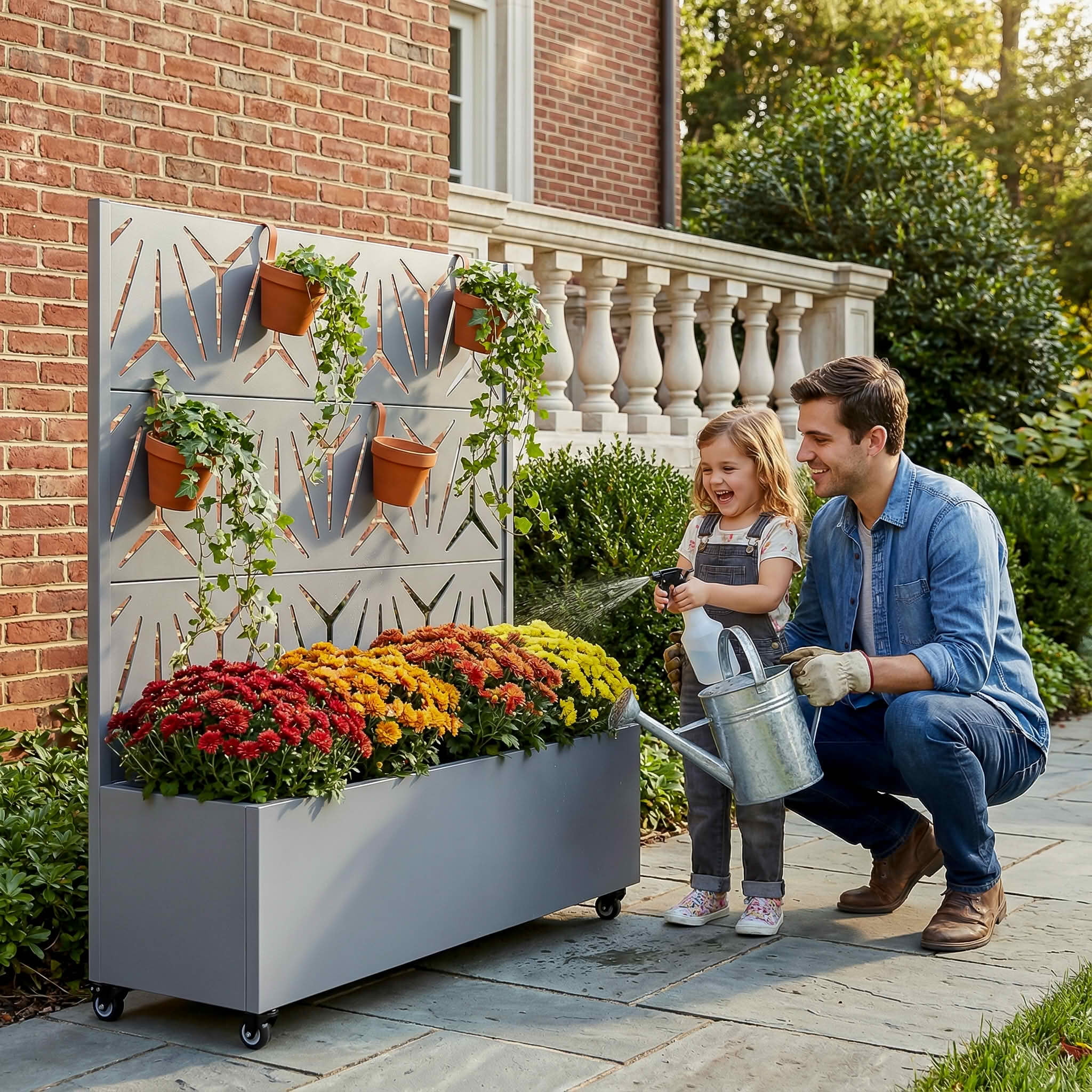 MAYEERTY 47X47" Metal Outdoor Gray Privacy Screen with Planter Box for Backyard & Garden, 3 Piece Set