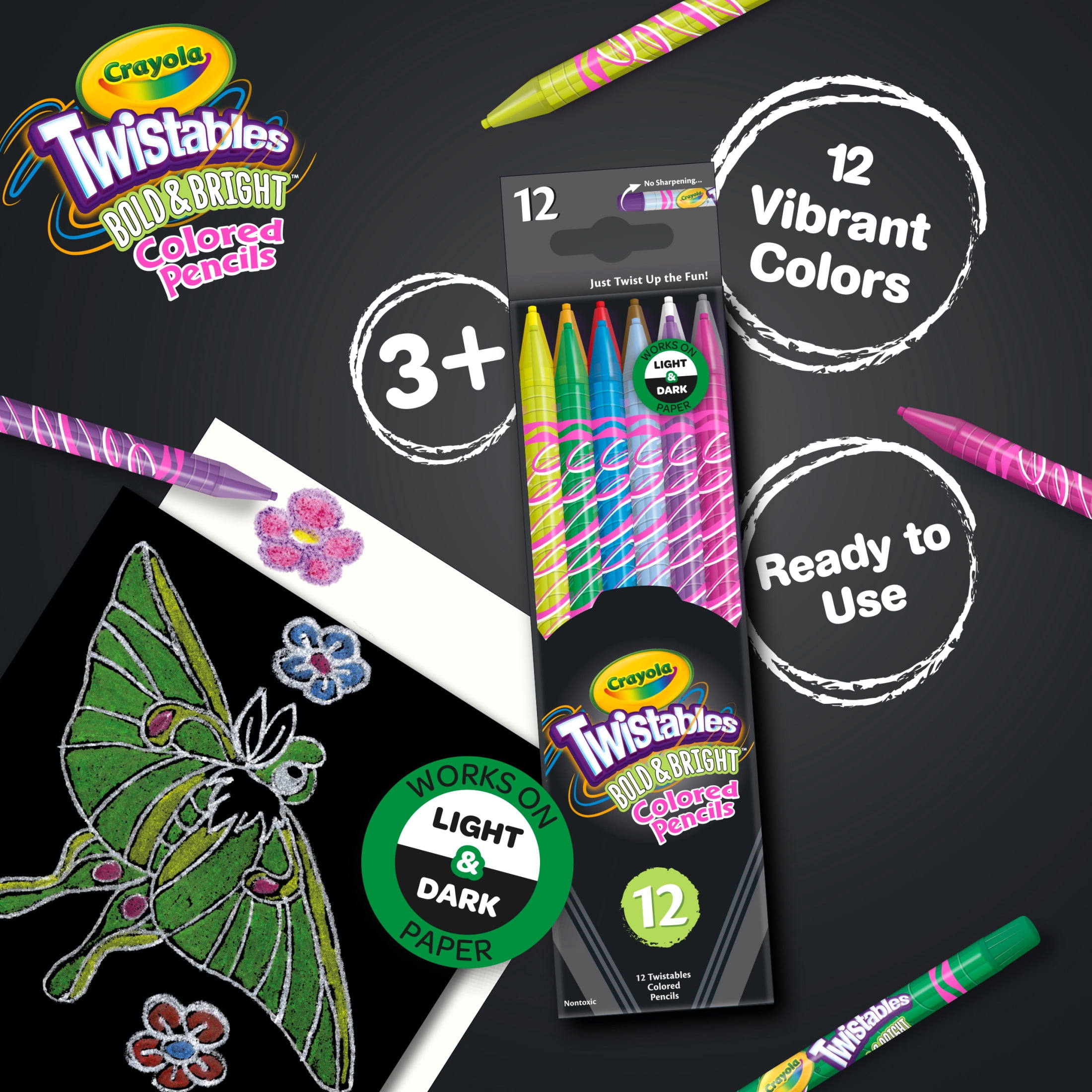 Crayola Twistables Colored Pencils Set, Bold & Bright, 12ct, Back to School Supplies for Kids and Teachers