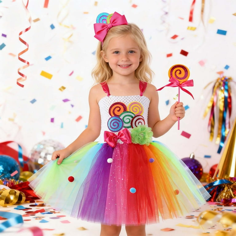 XUELUO Toddler Girls Dress Spaghetti Strap Lollipop Pattern Rainbow Tulle  Skirt With Headband Holiday Chic Dress-Up Outfit