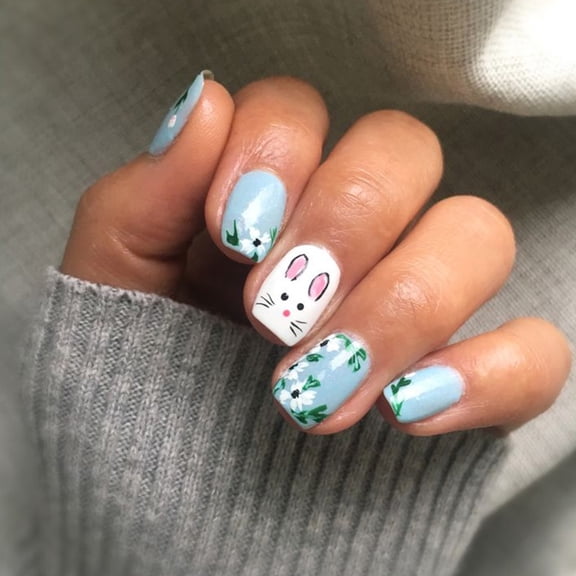 EXCIXING 24 Pieces Spring Inspired Rabbit And Floral Acrylic Nail Press on Nail For Women