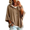 thumbnail image 2 of Womens Solid Color Knit Hoodie Drawstring 3/4 Sleeve Ribbed Hem Loose Fit Travel Lounge Outerwear Blouse Khaki S, 2 of 6