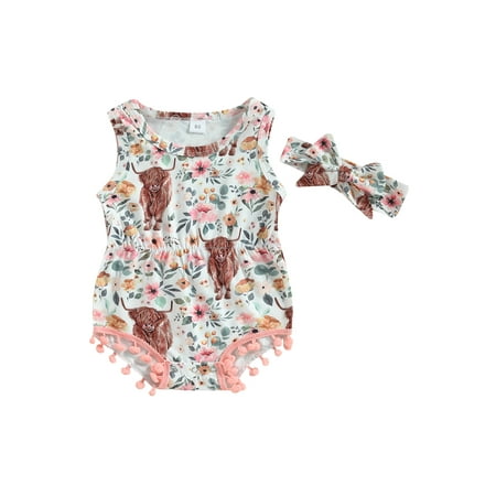 

Infant Baby Girls Boys Romper Sleeveless Floral Cow Print Tasseled Balls Jumpsuits with Bowknot Hairband