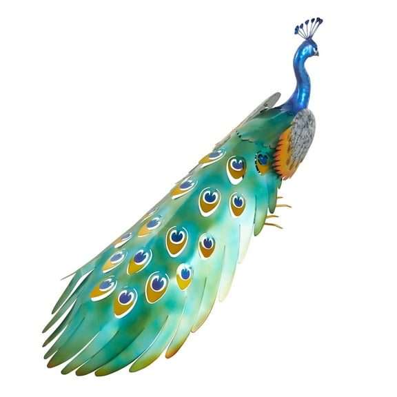 DecMode 22" Peacock Garden Sculpture with Gold Legs and Teal Wings
