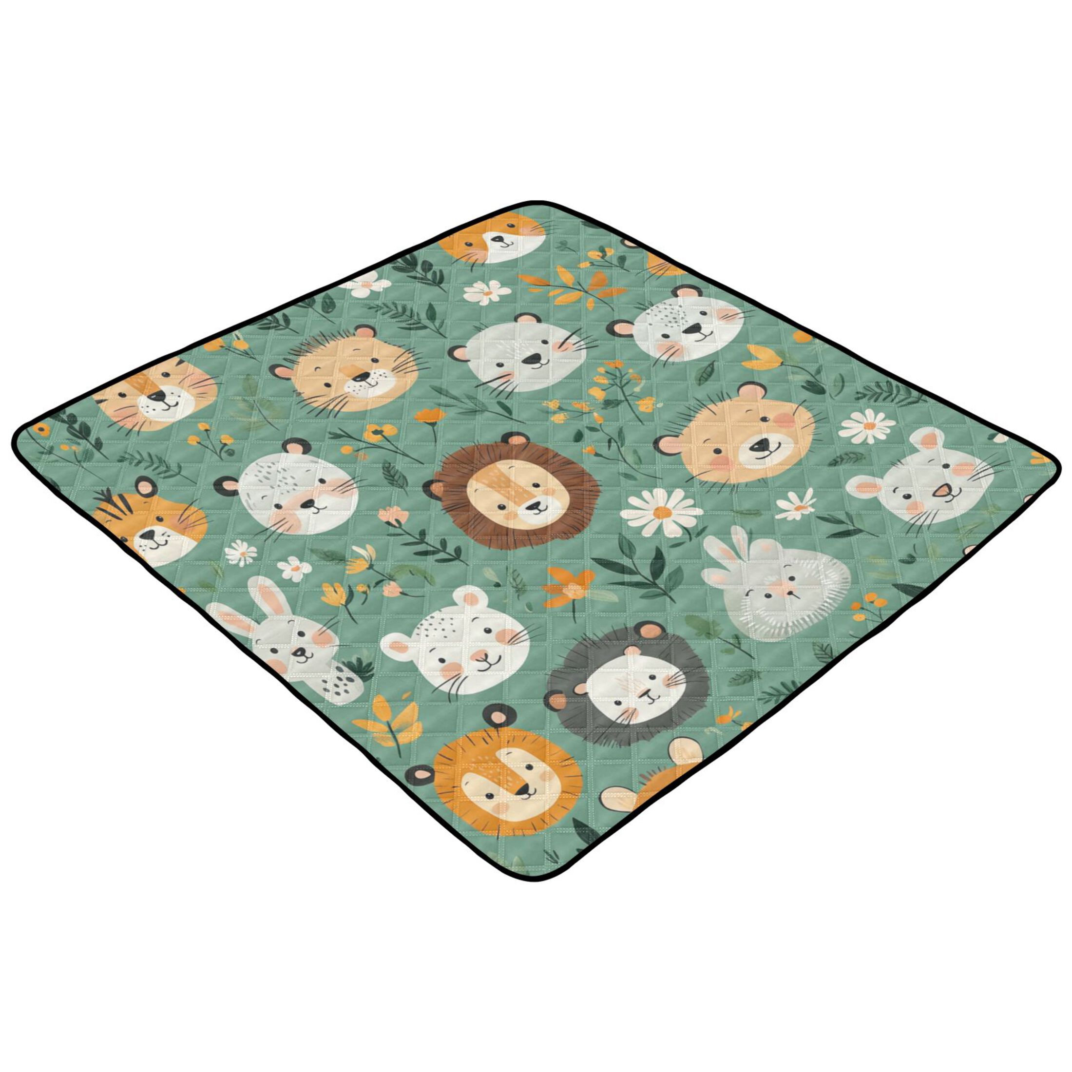 WOBOGO Cute Animal Faces in A Seamless Jungle Pattern Baby Playmats Extra Large Waterproof Rollable Activity Pads for Toddlers 50×50inch