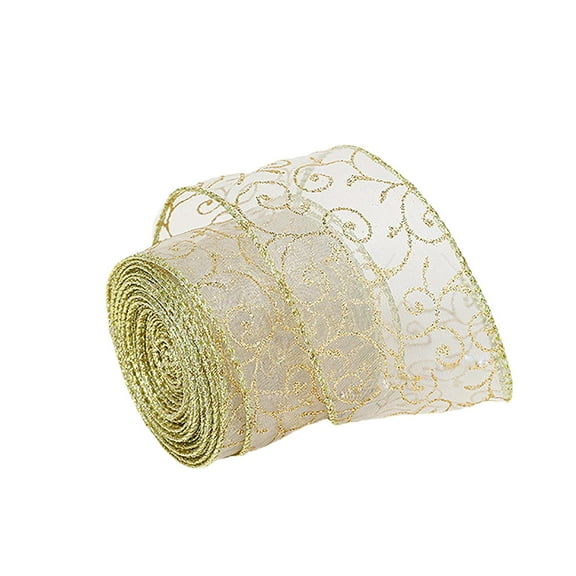 Gold Wired Ribbon Wide Glitter Christmas Wired Ribbon 2m Double Side Metallic Sheer Mesh Satin Ribbon Crafts for Xmas Tree, Gift Wrapping, Wreath, Home Decor
