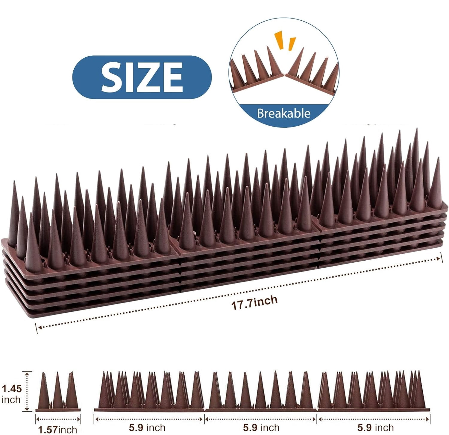 Defender Bird Spikes for Pigeon, Cat, Raccoon & Small Animals - Protect Your Sofa, Garden, Outdoor Walls, Anti Climb, Plastic Fence Spikes 24pack [34FT], Brown