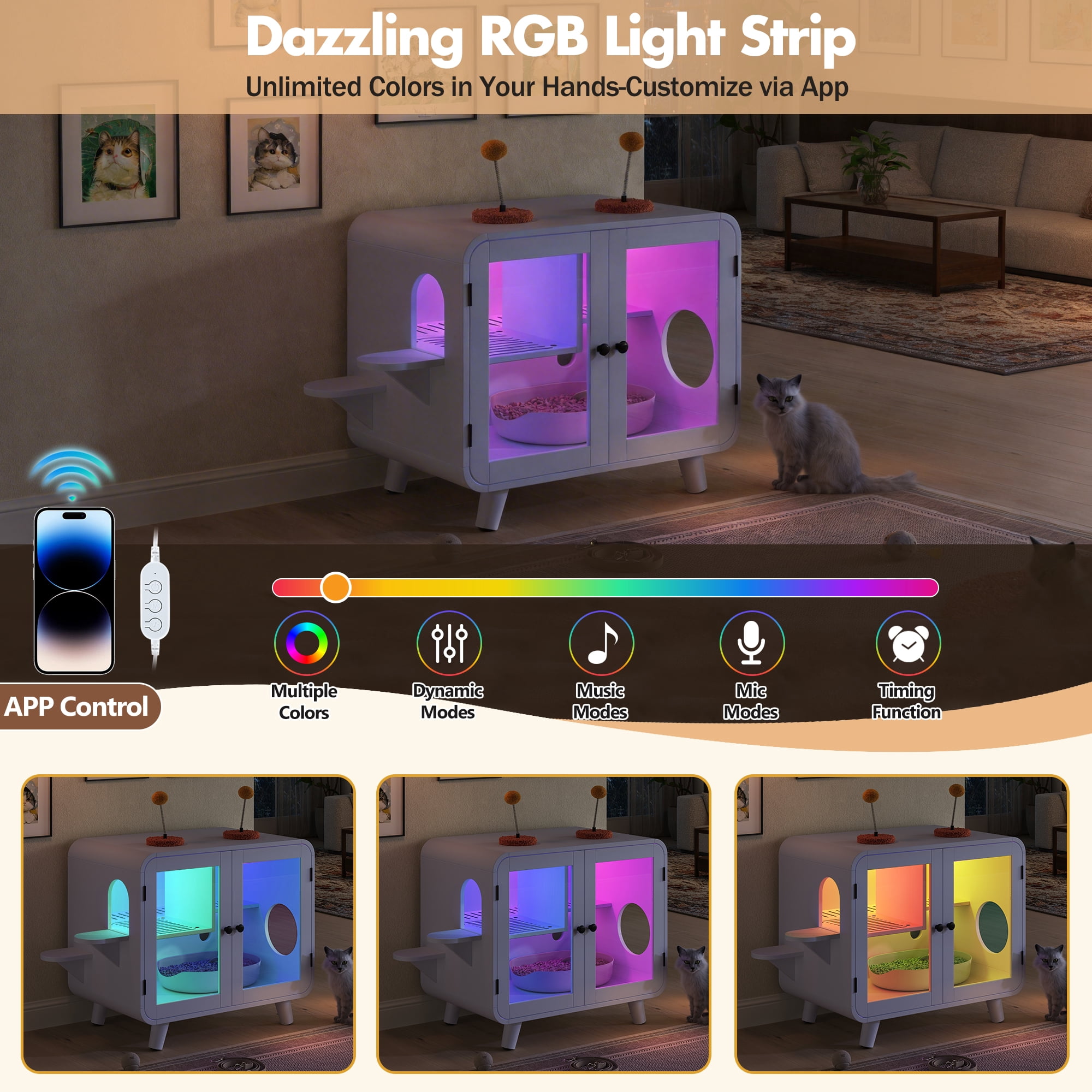 White Hidden Cat Litter Box Enclosure with RGB LED Light, TV-Style Cat House Cabinet with Stairs, Pom-pom Toy, Litter Leak Walkway and Glass Doors for Indoor Cats