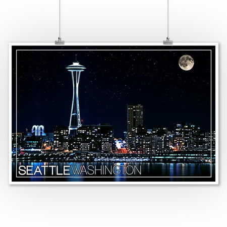 Seattle, Washington - Skyline & Full Moon - Lantern Press Photography (9x12 Art Print, Wall Decor Travel (Best Place To Photograph Seattle Skyline)