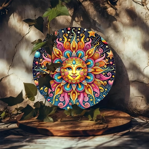 8x8 Inch Bohemian Round Metal Wall Art - Vibrant Sun Design with Cosmic Elements, Waterproof & Weather Resistant for Home, Perfect for Room Decor