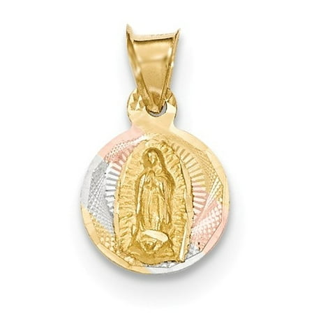14k Yellow Gold & Rhodium Polished & Diamond Cut Lady of Guadalupe Circle Pendant