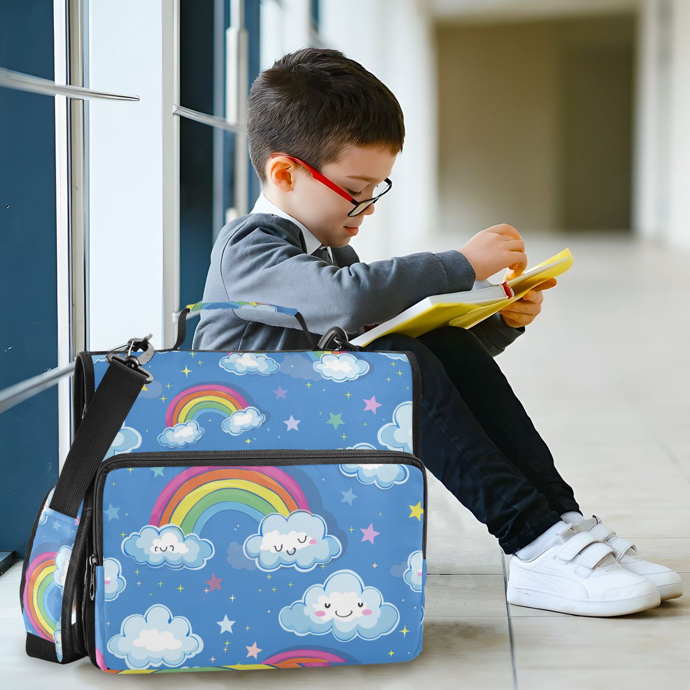 3 Ring Zipper Binder with Shoulder Strap Waterproof Trapper Keeper 2 Inch D-Ring 500 Sheets Capacity Cute Rainbow and Cloud