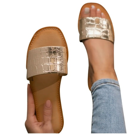 

Ladies Glitter Check Open Toe Square Toe Flat Slippers