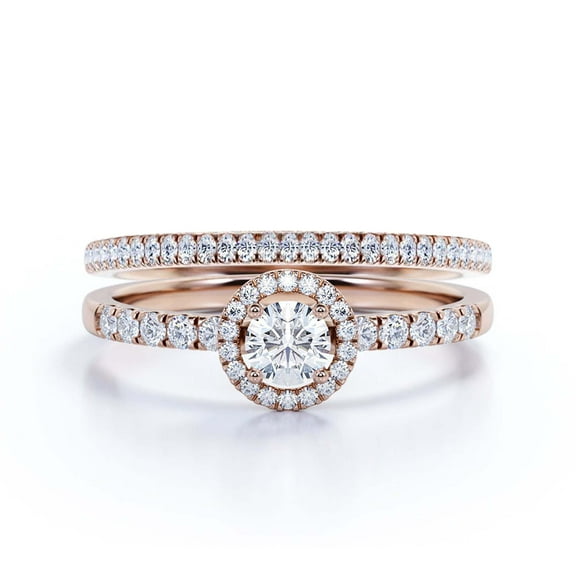 Dazzling Minimalist 1.50 Catar Round Diamond Moissanite Engagement Ring, Wedding Ring, One Matching Band in 925 Sterling Silver With 18k Rose Gold Plating Gift For Her, Silver, Halo Bridal Ring Set