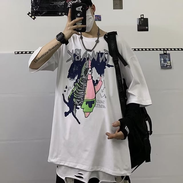 Estilo Coreano Ropa De Los Hombres Camiseta De Manga Corta De Dibujos Animados Eléctrico shock Estrella anime Diseño De Impresión Unisex De Gran Tamaño Camisa casual Desgaste De Calle top hip-hop Negr