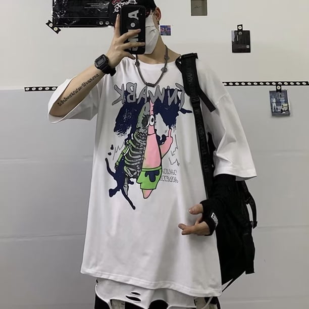 Estilo Coreano Ropa De Los Hombres Camiseta De Manga Corta De Dibujos Animados Eléctrico shock Estrella anime Diseño De Impresión Unisex De Gran Tamaño Camisa casual Desgaste De Calle top hip-hop Negr