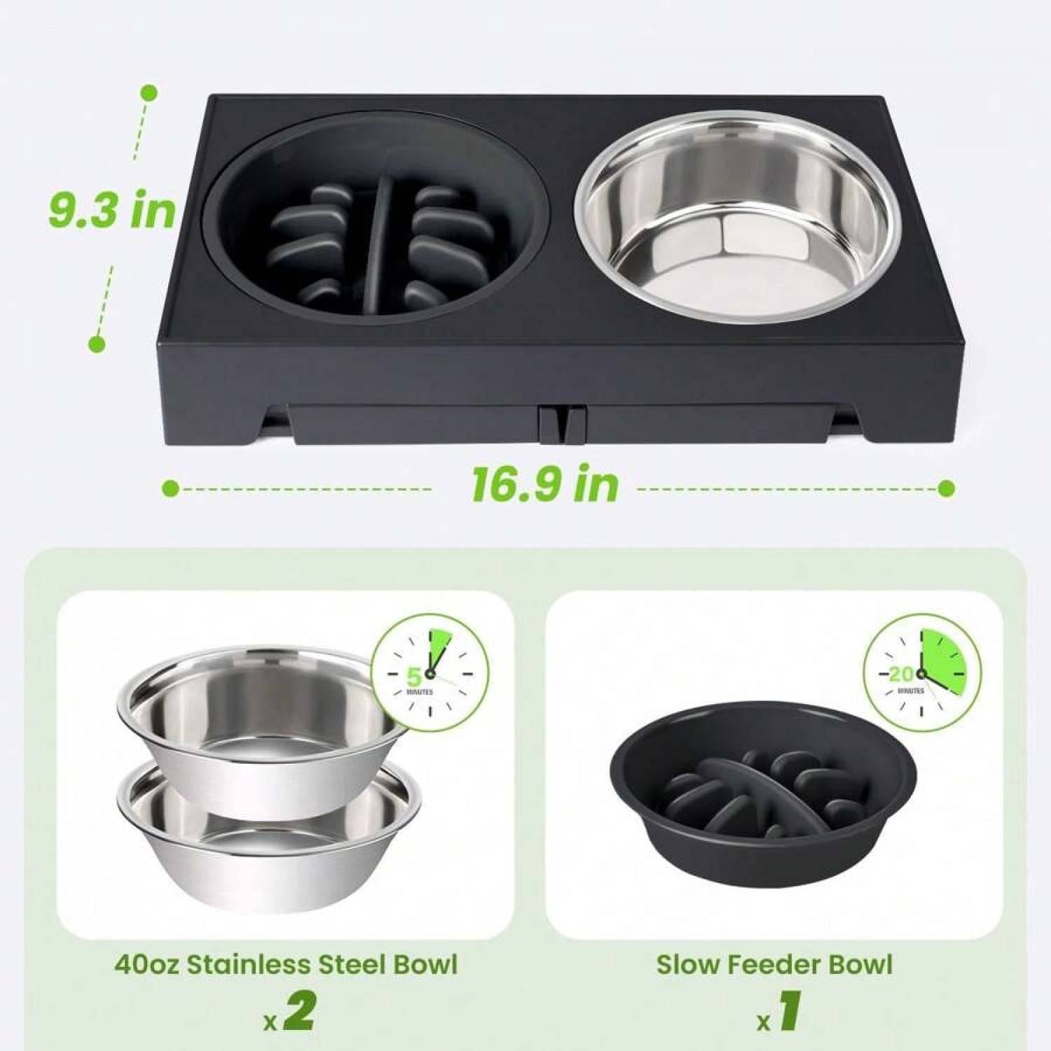 NTGFU Black Elevated Dog Bowls, 5 Adjustable Heights Raised Dog Bowl Stand with 2 Stainless Steel Dog Food Bowls and 1 Slow Feeder Dog Bowl for Small Medium Large Dogs