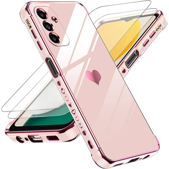 for Samsung A13 5G Case / A04s Case for Women for Girl   [2 Pcs] A13 5G Screen Protector, Aesthetic Love Heart Luxury Case Cute Plating Soft TPU Girly Shockproof Case for Galaxy A13 5G, Pink
