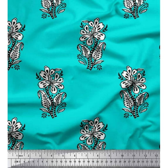 Soimoi Velvet Fabric Leaves & Floral Block Printed Fabric 1 Yard 58 Inch Wide