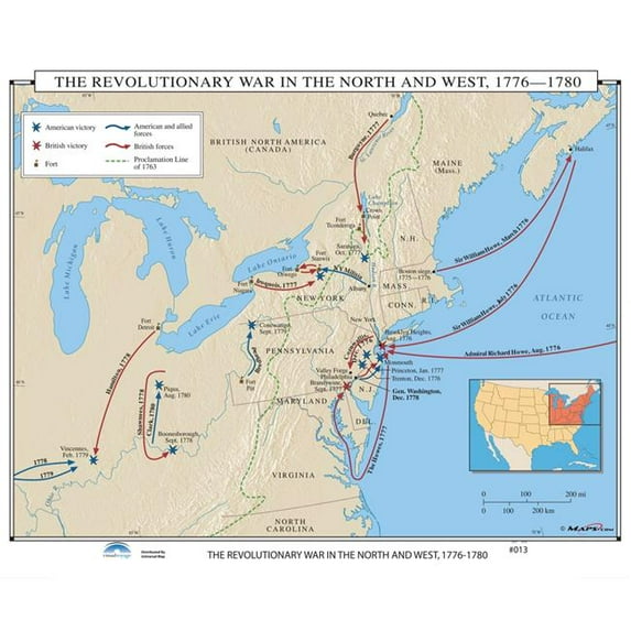 Univarsal 931000061013-46x37-SR1 46 x 37 in. No.013 The Revolutionary War in the North & West, 1776-1780 on Roller Wall Map with Backboard - Spring Roller 1