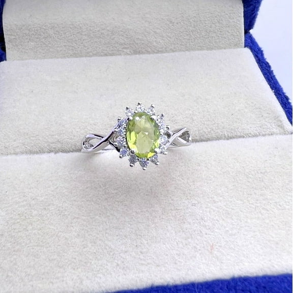 Antique peridot ring, Peridot halo ring, August birthstone ring, Sterling silver, 5×7mm gemstone and 2mm tiny Cz diamonds, Anniversary Gift