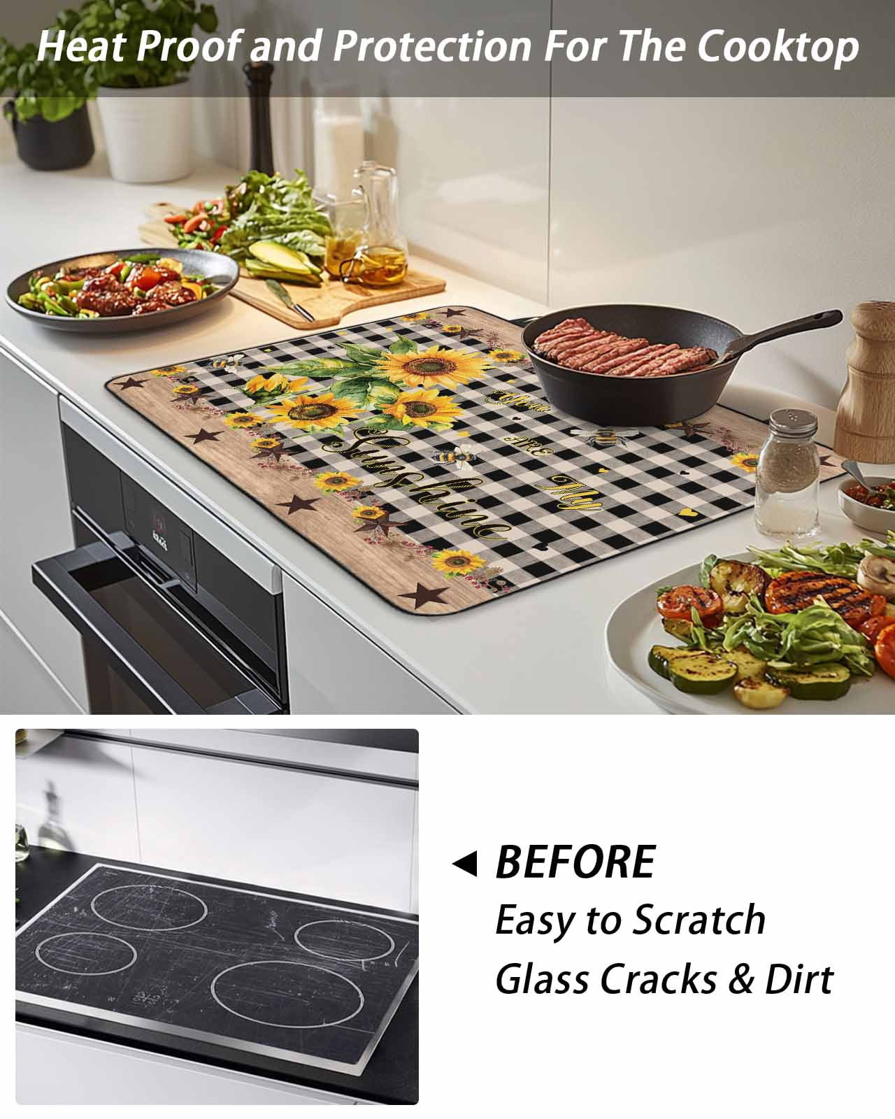 Stove Top Covers for Electric Stove, Sunflower Plaid Glass Stovetop Cover Protector, Country Sunshine Star Vintage Bee Black Induction Cooktop Protector Oven Mat for Kitchen Countertop 24"x21"