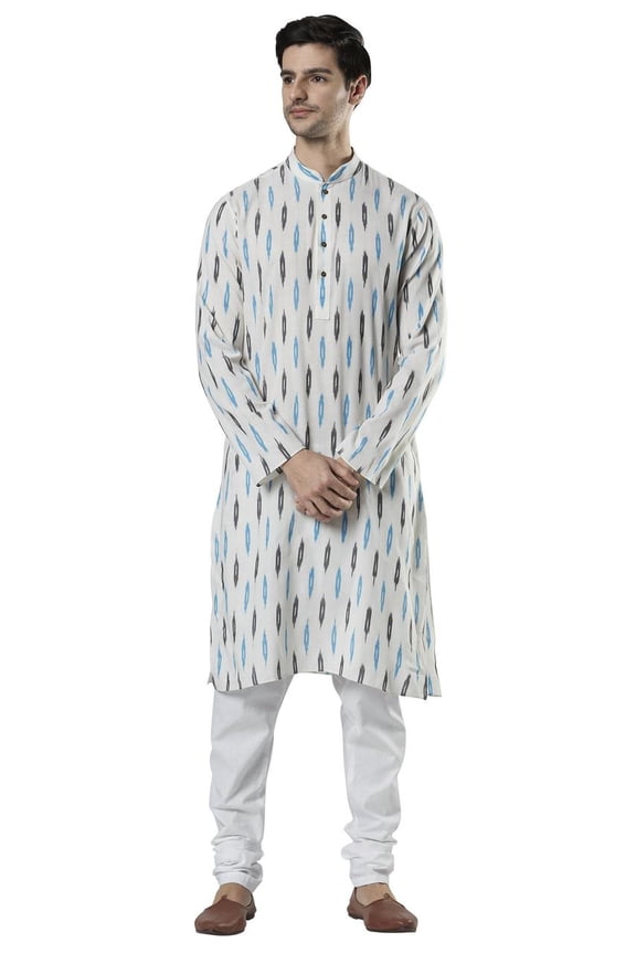 Ethnix Men's Indian Mandarin Collar Textured Ikkat Print Kurta Tunic Pajama Set; Off-White; LG