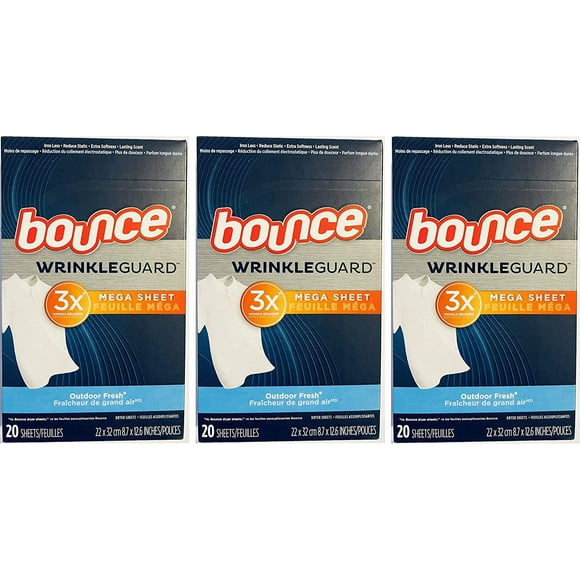 Bounce Wrinkle Guard Dryer Sheets - Outdoor Fresh - Mega Sheet - 20 Count Sheets Per Box - Pack Of 3 Boxes