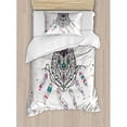 thumbnail image 3 of Tribal Duvet Cover Set Queen Size, Wild and Free Inspirational Artwork Ethnic Wolf with Boho Feathers Print, Decorative 3 Piece Bedding Set with 2 Pillow Shams, Pale Grey Pink Teal, by Ambesonne, 3 of 3