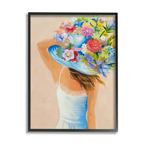 Stupell Industries Girl Holding Large Floral Bouquet Brimmed Hat Design by Third and Wall, 16" x 20", Black Framed