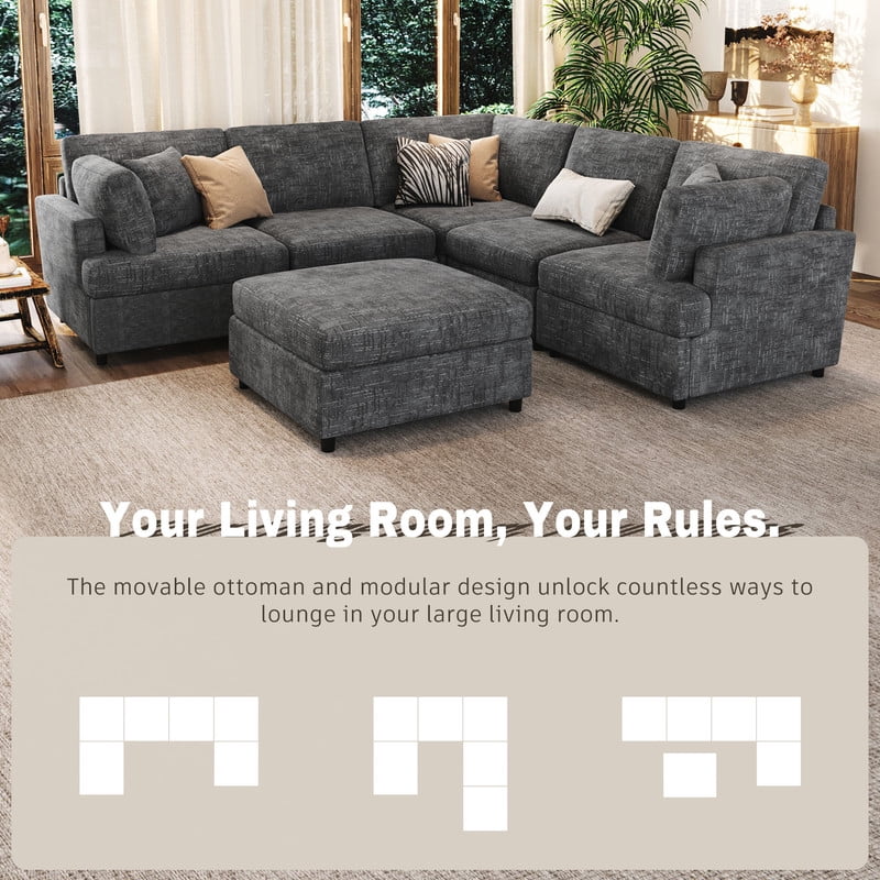 127" U-Shaped Modular Sectional Sofa with Movable Ottoman, 6-Piece Chenille Fabric Couch, Convertible Corner Sofa with Pine Wood Frame, Modern Deep Seat Sofa Set for Living Room & Apartment