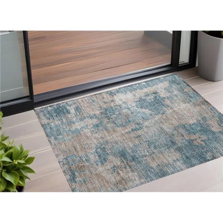 HomeRoots 564287 2 x 3 ft. Teal & Taupe Abstract Washable Non Skid Indoor Outdoor Rectangle Machine Woven Area Rug