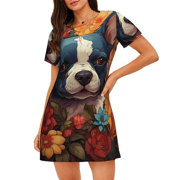 Disketp Cute Colorful Flower French Bulldog para Camisón Corto de Manga Corta para Mujeres, Camisón Cómodo con Escote Redondo, Bonito y Confortable