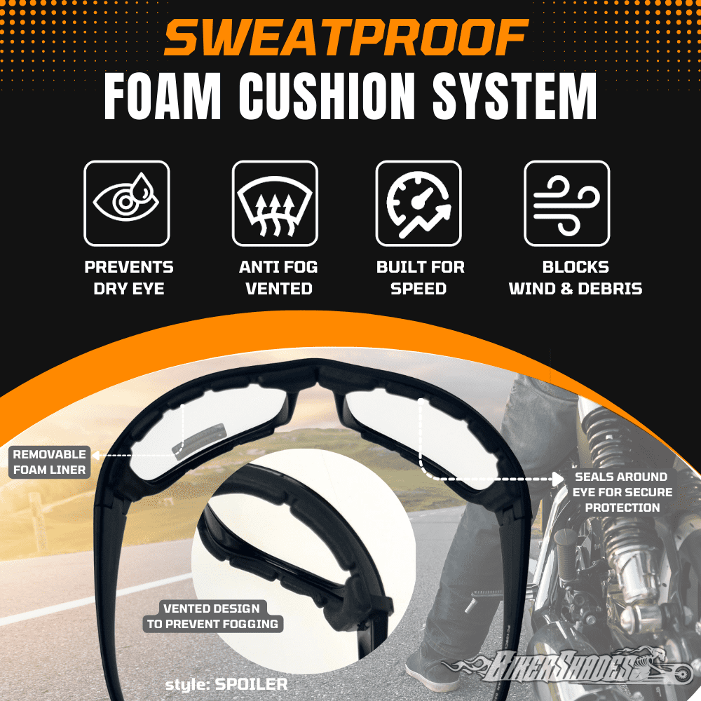 Bikershades Motorcycle Riding Safety Sunglass Foam Padded Large Fit Wind, Dust and Impact Resistant