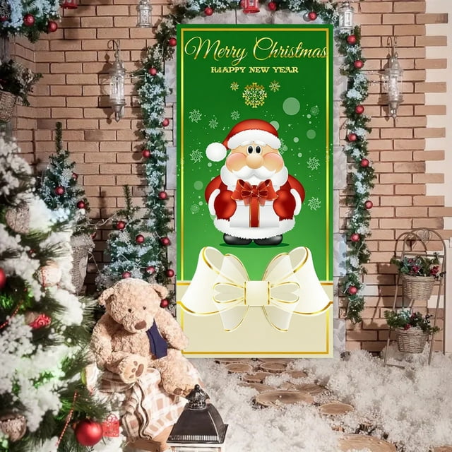 BAOPAI Rideau de Porte de Noël en Polyester Durable 72.83x35.43 Po Multicolore Festif Père Noël Design Chiot Décoration Intérieure Extérieure Tissu Suspendu pour Entrée