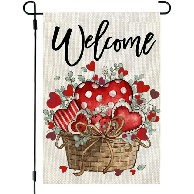 Drapeau de Jardin de la Saint-Valentin 12x18 Pouces Double Face pour Extérieur Petit Toile de Bienvenue Cœurs Rouges Eucalyptus Décoration de Jardin de Vacances