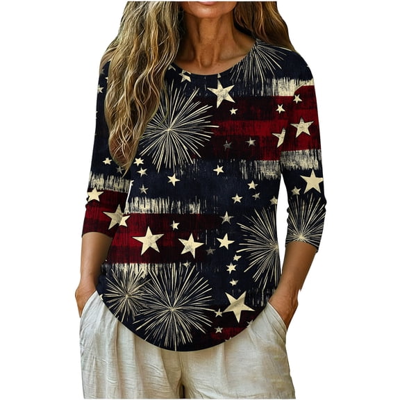 Vetsdori American Flag T Shirts for Women Summer 4th of July Pullover 3/4 Sleeve Red White and Blue Casual Graphic,Fashion Ladies Tops Crew Neck