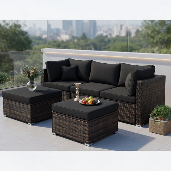 Resenkos 5-Piece Black PE Rattan Outdoor Sectional Sofa Set with Matching Ottomans, Removable Cushions – L-Shaped Patio Furniture for Backyard, Deck & Poolside