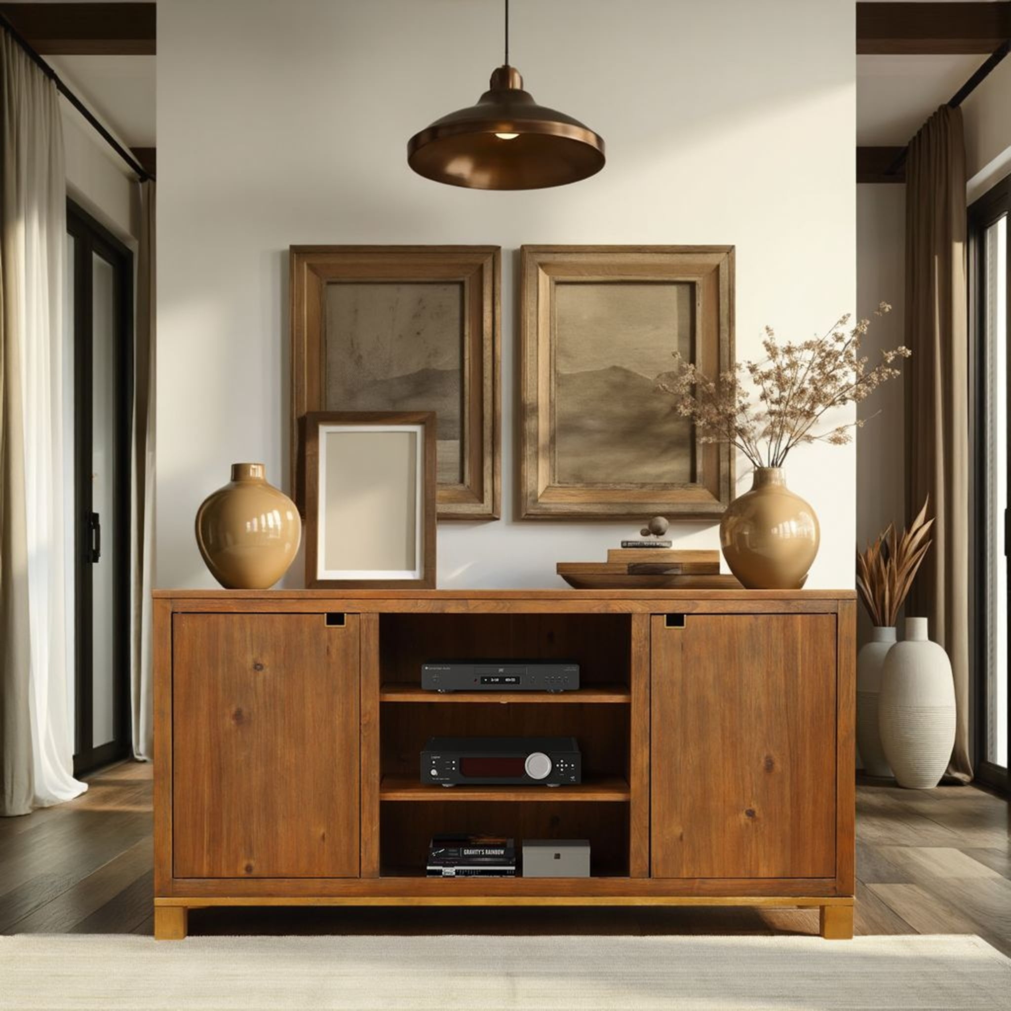 Bridgevine Home Tina 60 Inch TV Stand, High-Grade MDF, Laminate Shelves, Mango Tawny Finish