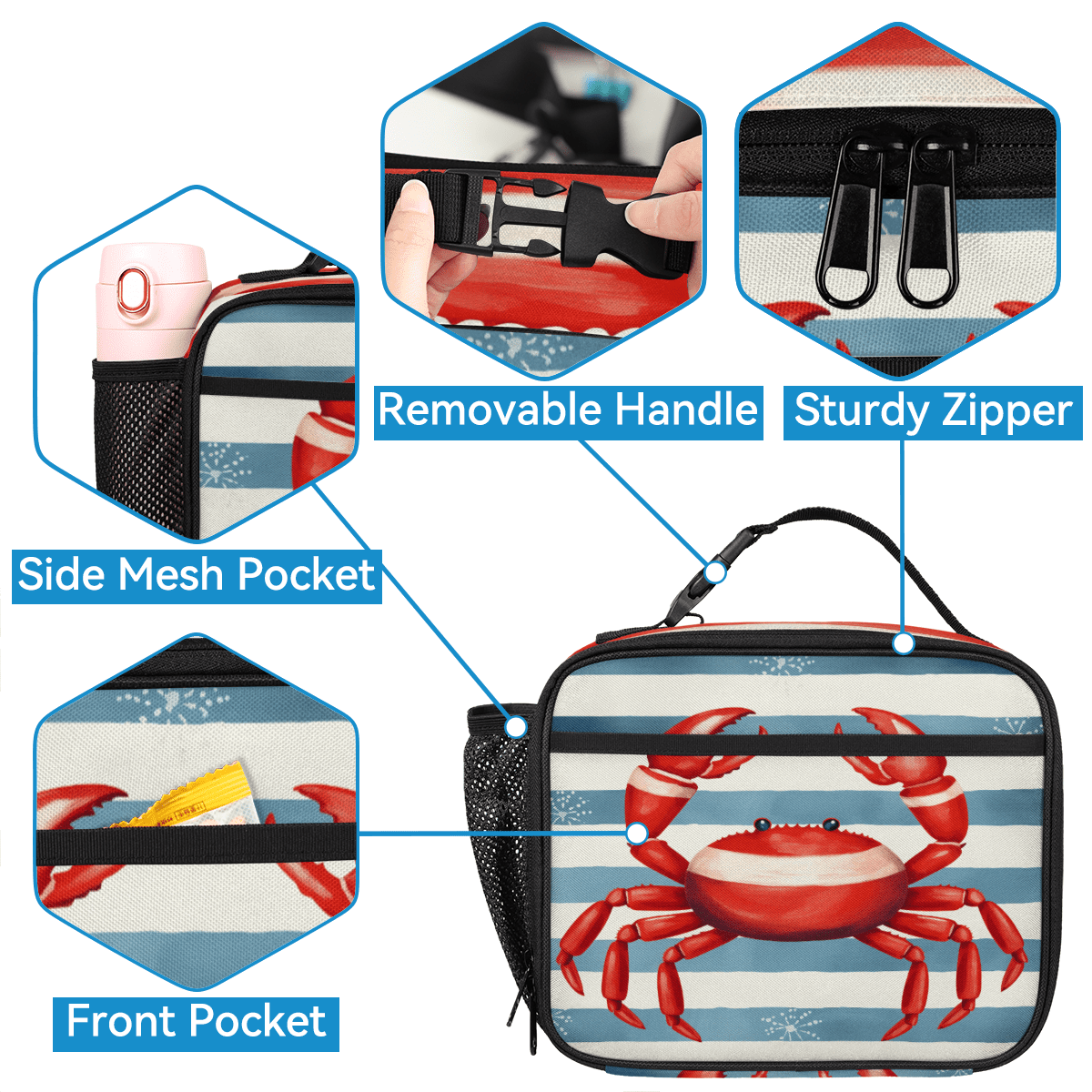 Herdesigns Crab Large Backpack Set with Lunch Box Lightweight Water Resistant Travel Laptop Backpacks Casual Daypacks for Women Men