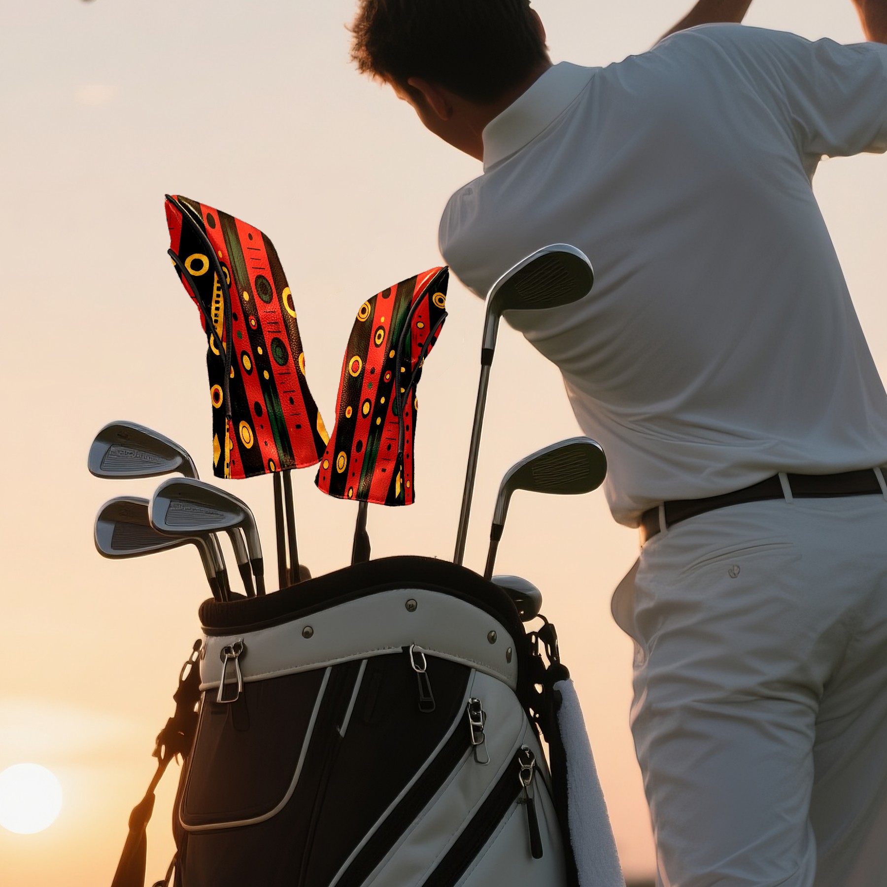 Golf Club Covers, Red GeometricStripe Premium PU Leather Driver Hybrid Putter Head Covers with Velvet Lining, Waterproof Golf Gifts for Men Women