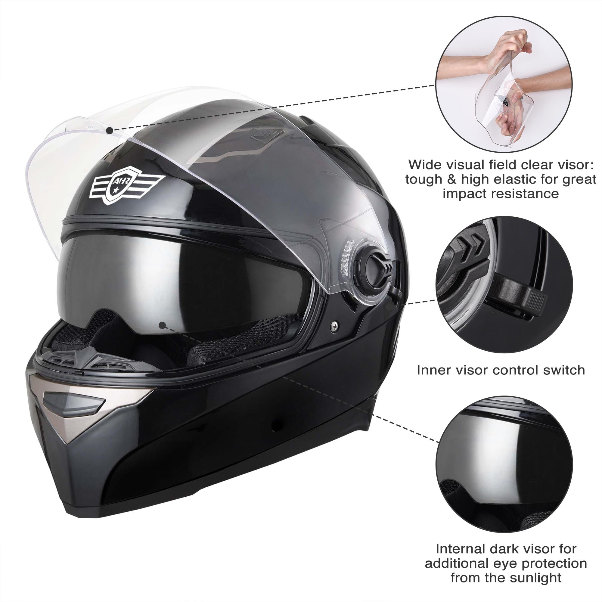 TCMT Adult Full Face Dual Visor DOT Motorcycle Helmet Matte Black