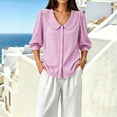 thumbnail image 4 of Women's Striped Shirt with Pan Collar, 3/4 Puff Sleeve Button Down Casual Blouse, 4 of 8