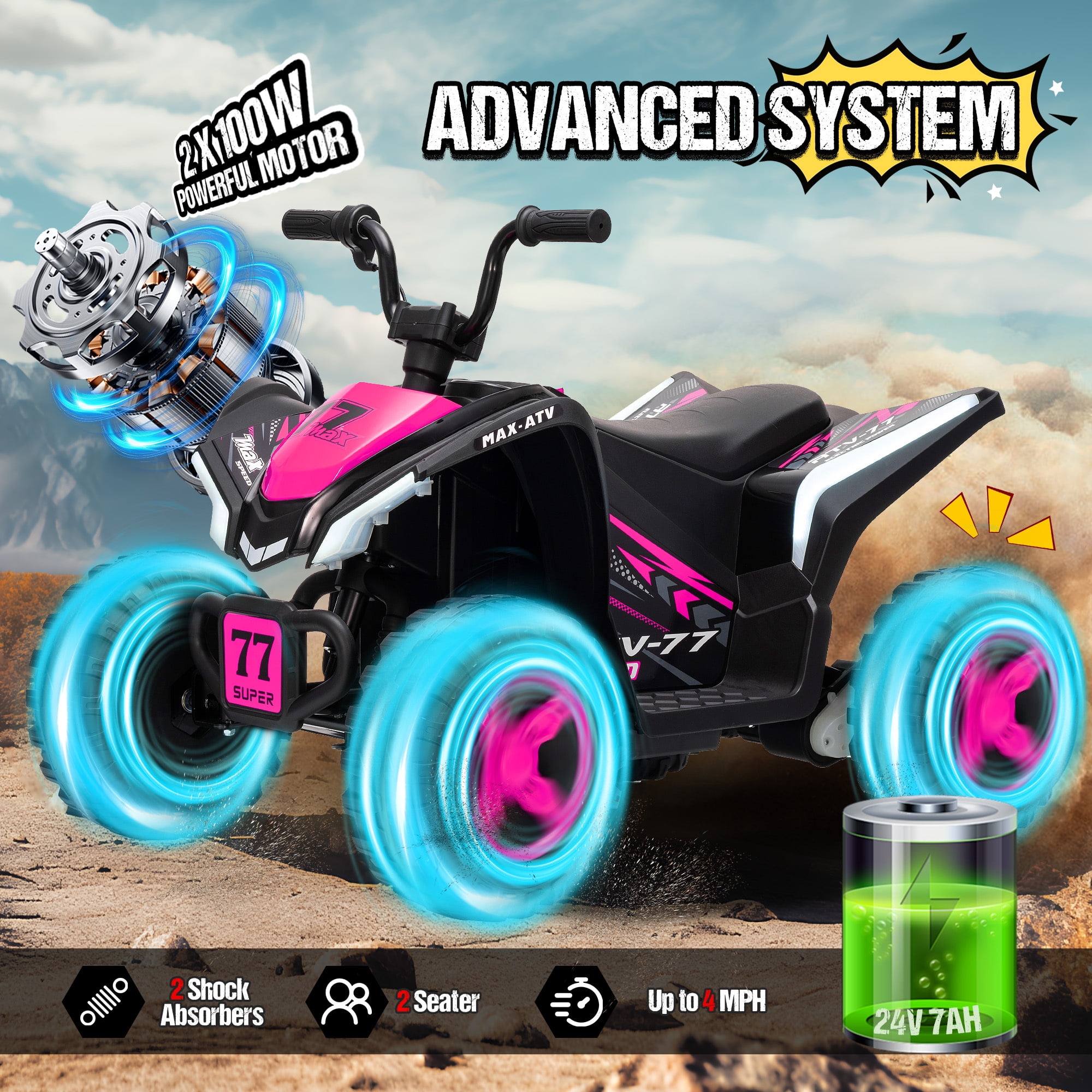 Kids ATV 4 Wheeler, Two Seater 24V Ride On Toy for Big Kid w/Unique LED Light, Music, Wireless, Story, 24 Volt Ride on Car Electric Quad for Boys Girls, Pink