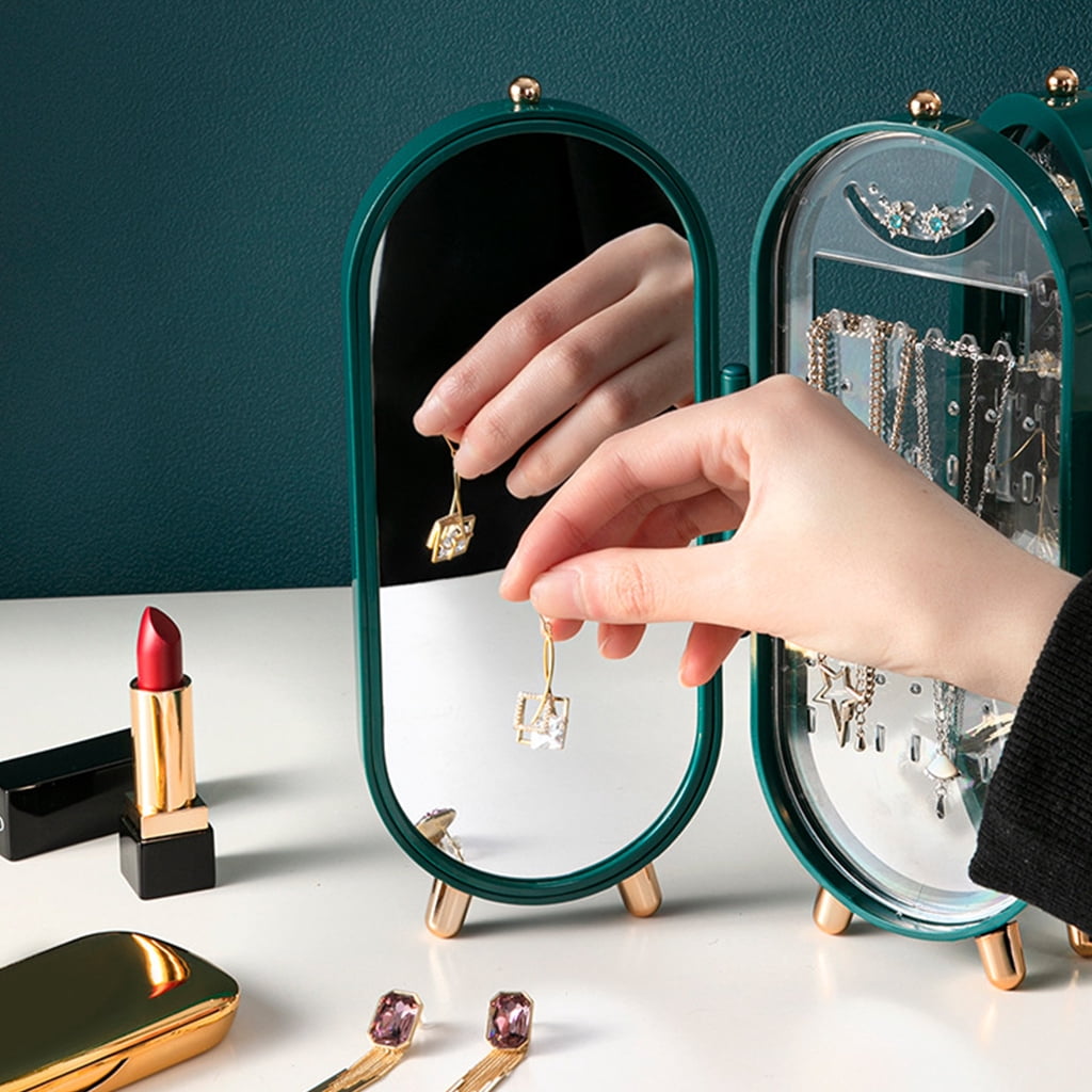 Zeiwohndc Nordic Luxury Jewelry Display Rack Storage for Case Hanging Necklace Earrings Box 4 Doors Foldable Screen Mirror Organiz