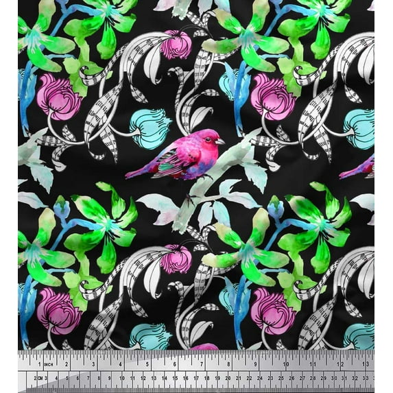 Soimoi Pink Moss Georgette Fabric Leaves,Floral & American Robin Bird Decor Fabric Printed BTY 42 Inch Wide