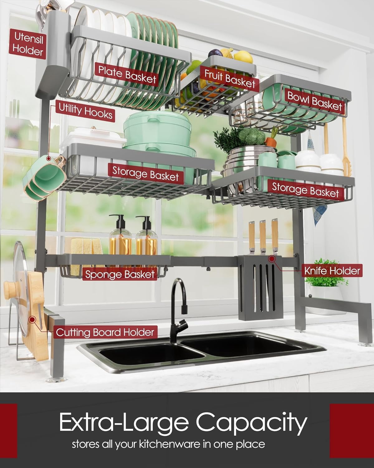 Dish Drying Rack - Over The Sink Dish Drainer Drying Rack with Utensil & Knife Holder, Hooks, Stainless Steel Kitchen Organizers and Storage Solution