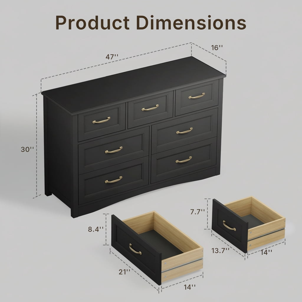 Aiho Extra-Wide 7-Drawer Wood Storage Dresser Chest, 47" Modern Cabinet Organizer with Safety Anti-Tip Hardware for Bedroom Living Room Hallway, Elegant Black Finish Aiho Extra-Wide 7-Drawer Wood Storage Dresser Chest, 47" Modern Cabinet Organizer with Safety Anti-Tip Hardware for Bedroom Living Room Hallway, Elegant Black Finish - Image 8