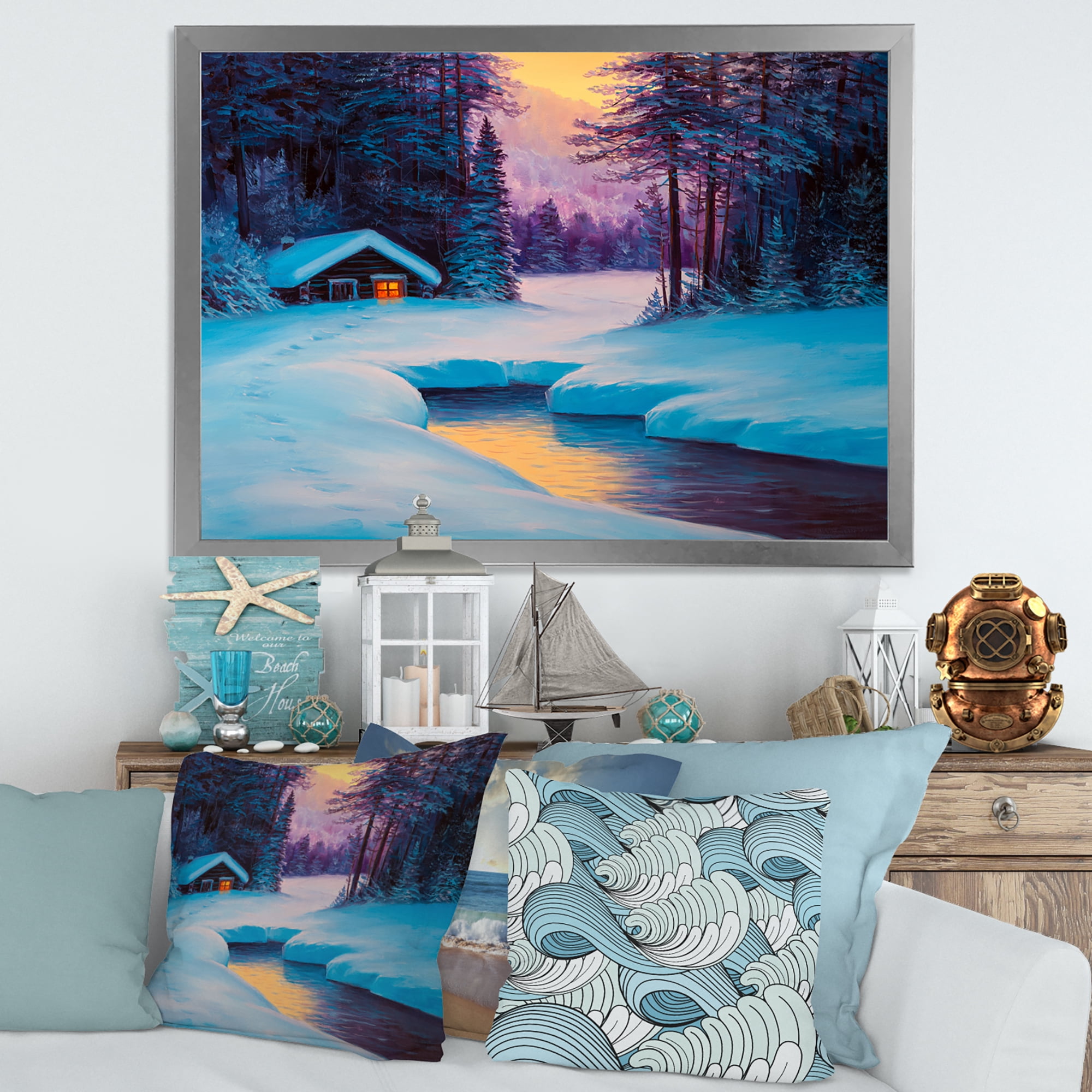 Designart 'Old Cabin In Winter Forest In Evening Glow II' Traditional Framed Art Print