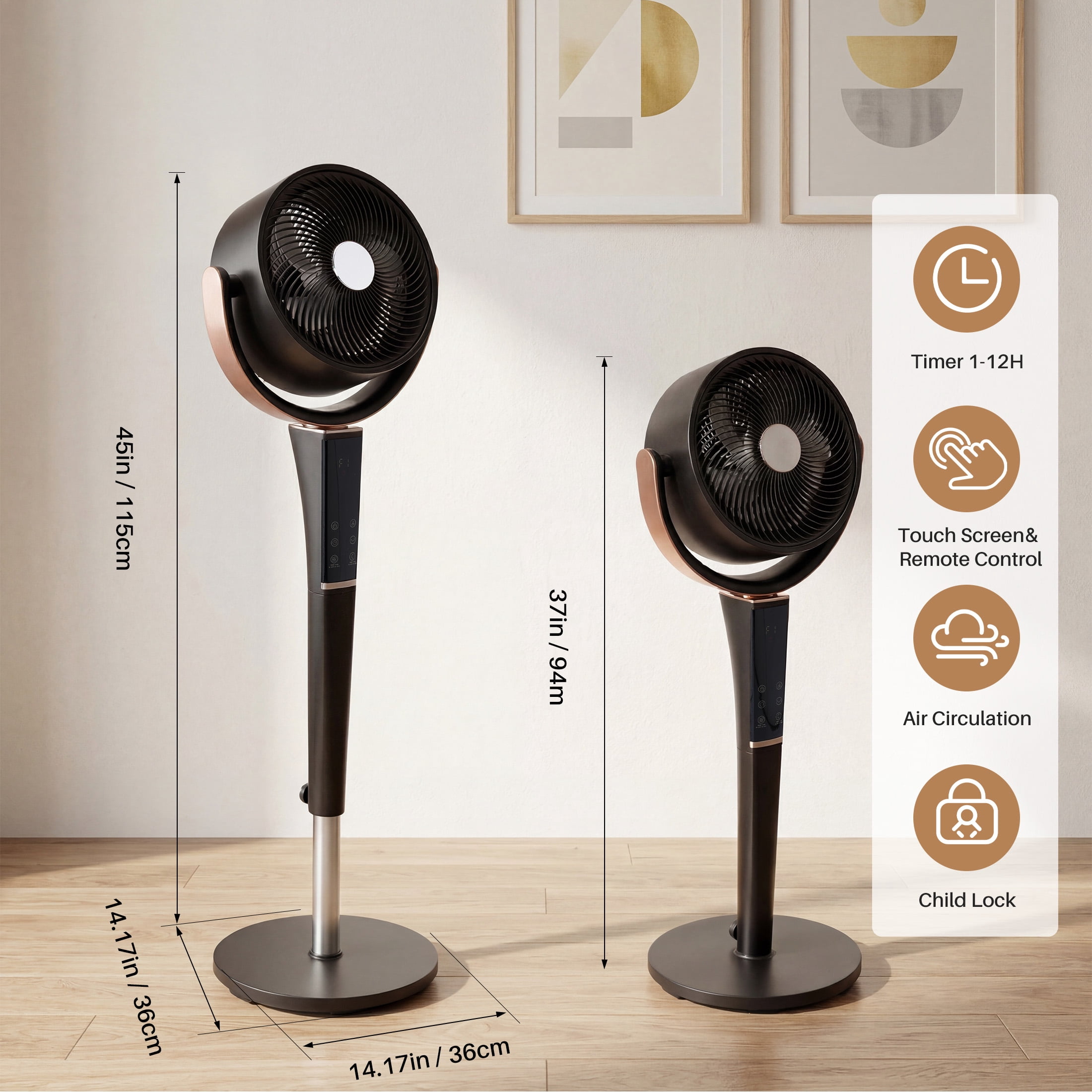 SHOUFTW Quiet Pedestal Fan for Bedroom, Oscillating Standing Fan with 15 Speeds & 5 Modes, 37-45" Adjustable Height, 12H Timer, Black