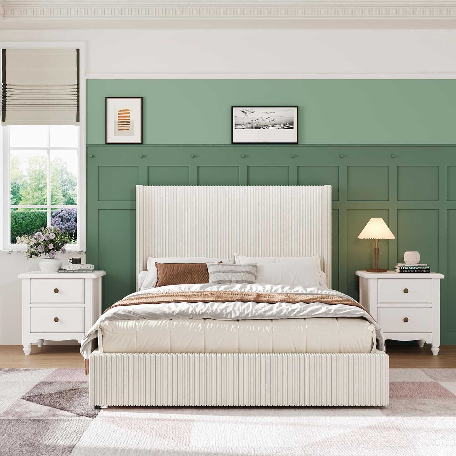 Queen Size Bed Frame with Storage Drawers, Corduroy Upholstered Platform Bed with Wingback, Tufted Headboard and Footboard, No Box Spring Needed, Beige
